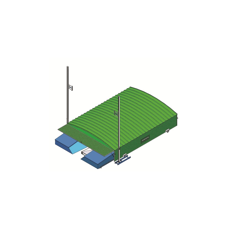 Shed on fixed wheels for basic pole-vault landing system 4.70 x 5.60 m